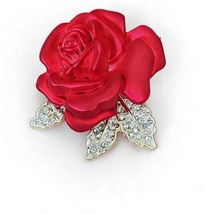 NWT Elegant Red Rose Brooch with Silver Accents
